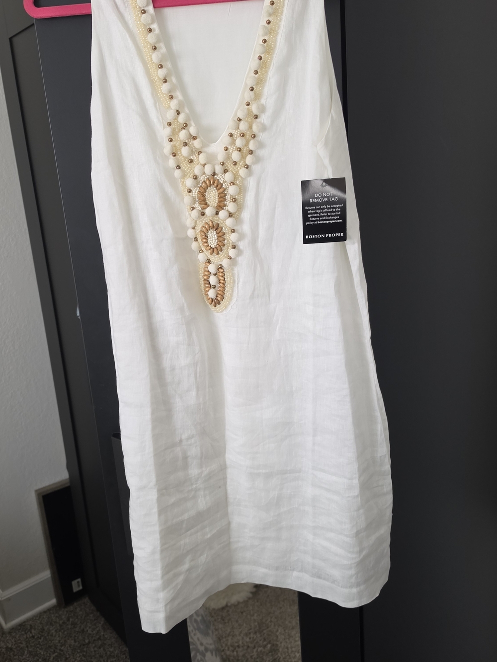 Boston Proper White Linen Mini Dress with Beige Beaded V-Neck NWT